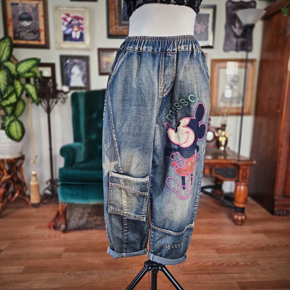 Li-Sweet Dream Mickey Mouse Embroidered Baggy Jeans Blue Denim Elastic Waist S M